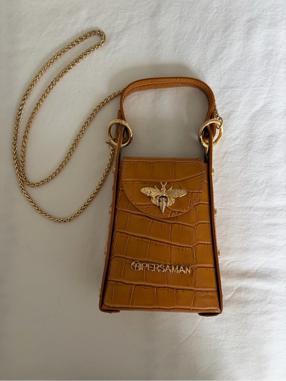 Persaman New York Joanna Croc Embossed Leather Phone Crossbody Bag Camel NWOT